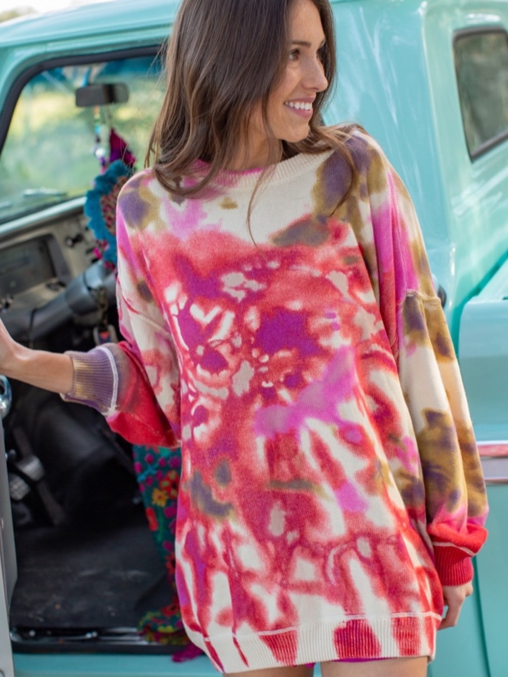 Natural Life Taylor Oversized Cotton Sweater Magenta Tie-Dye L/XL